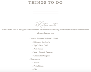 Things To Do page from our wedding website