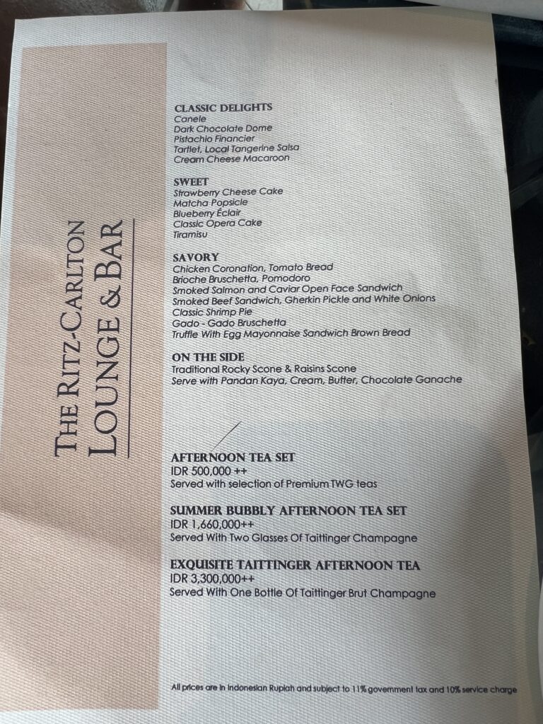 The Ritz Carlton Lounge & Bar Afternoon Tea Menu