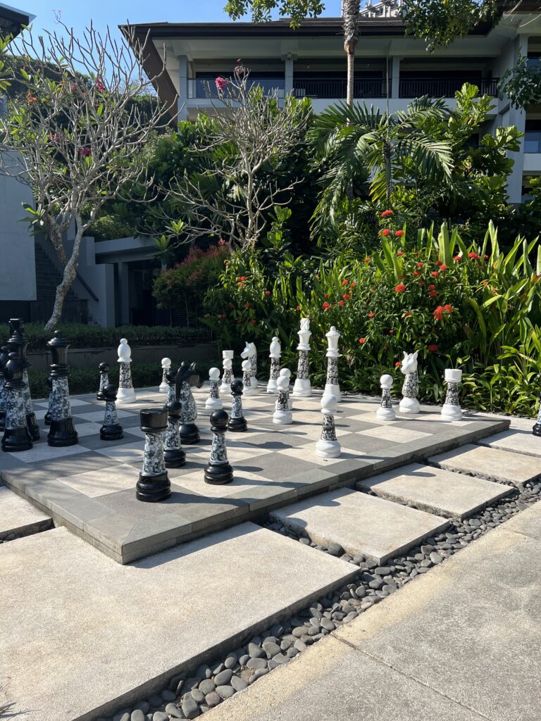 a life size chess board among the grounds at the Ritz Carlton Bali