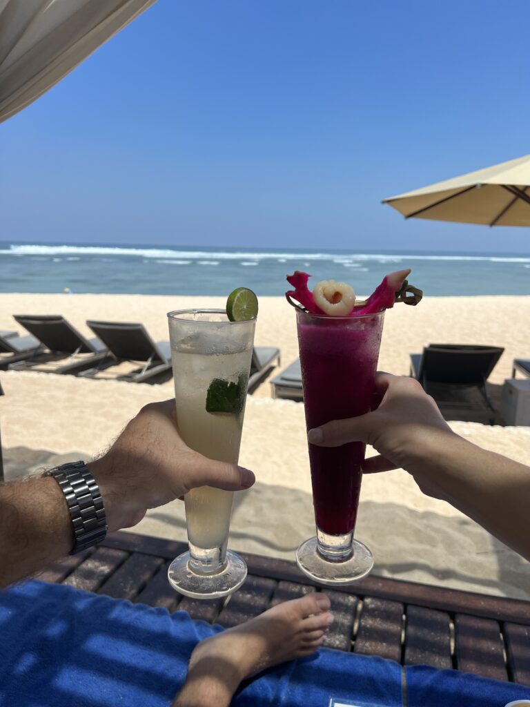 Drinks from Breezes in our beach cabana at the Ritz Carlton Bali