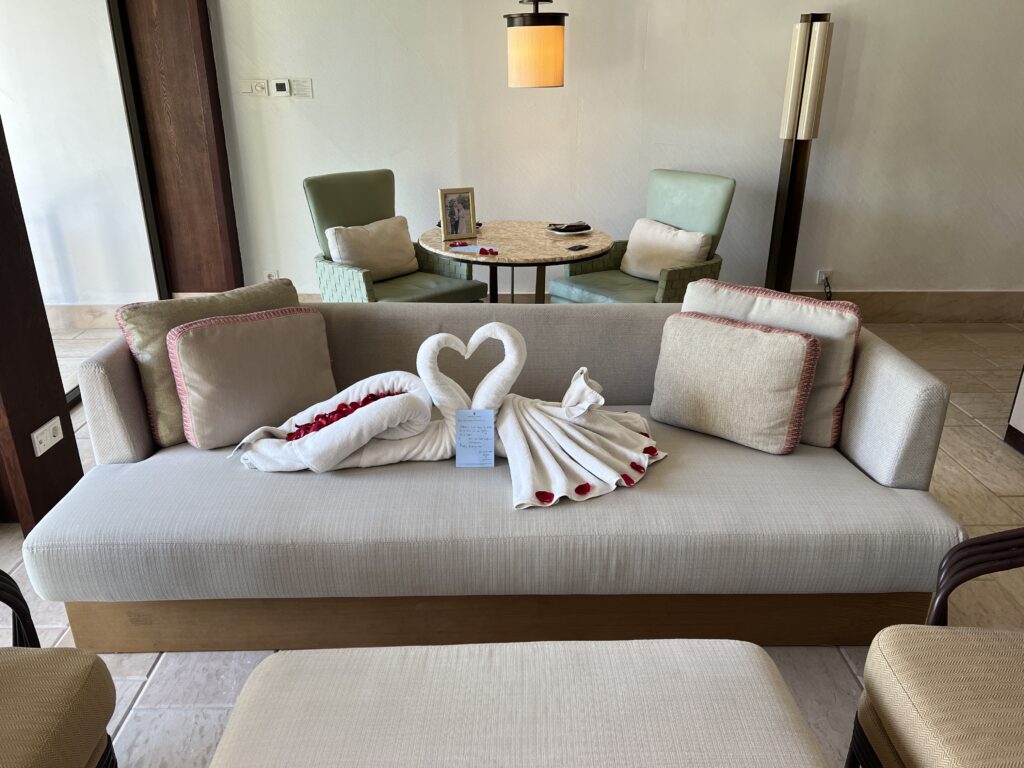 swans on our couch with a note about our honeymoon